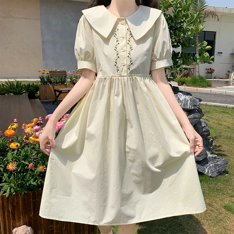 Real Photo Doll Collar Embroidered Preppy Loose Waist Dress