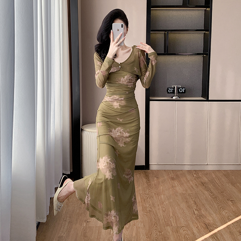 New Chinese Style Printed Cami Dress Two Piece Set with Long Sleeve Outer Layer Spring - Image 3