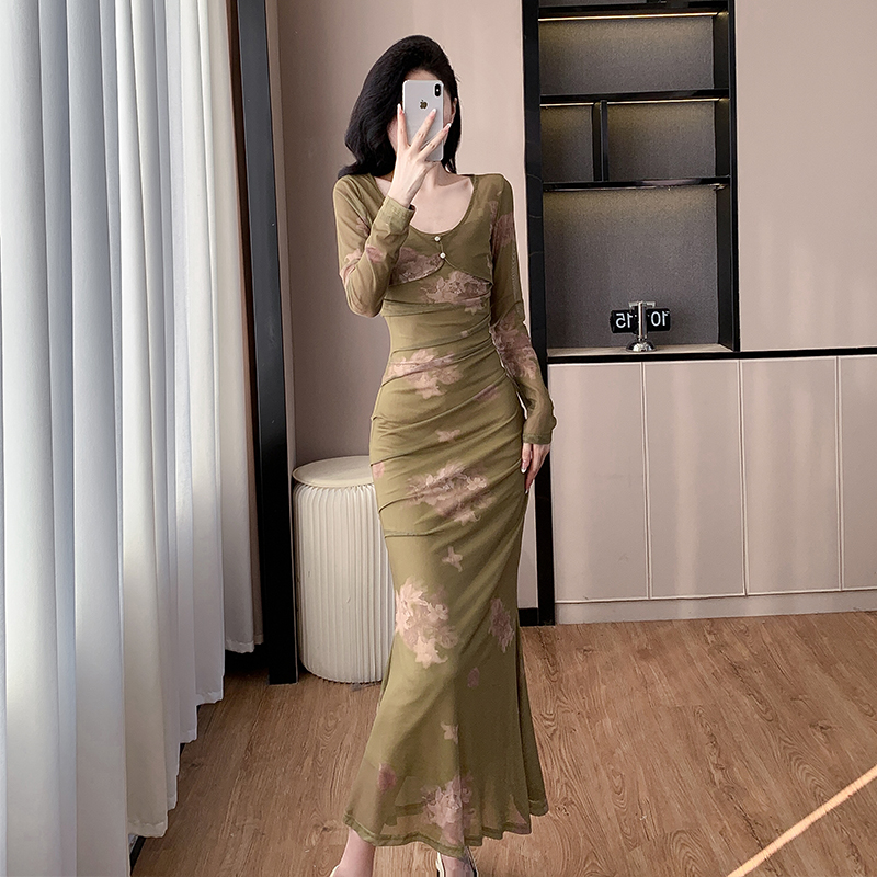 New Chinese Style Printed Cami Dress Two Piece Set with Long Sleeve Outer Layer Spring - Image 2