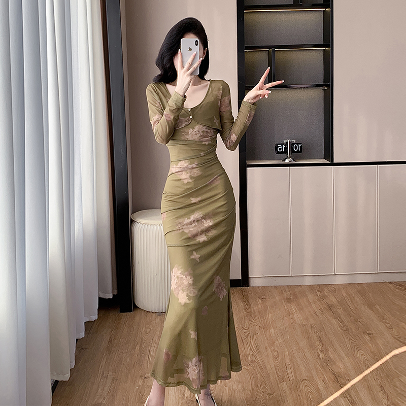 New Chinese Style Printed Cami Dress Two Piece Set with Long Sleeve Outer Layer Spring