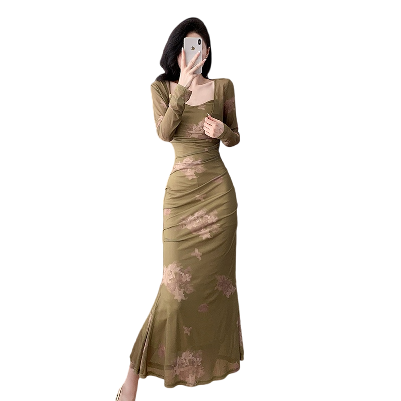 New Chinese Style Printed Cami Dress Two Piece Set with Long Sleeve Outer Layer Spring - Image 5