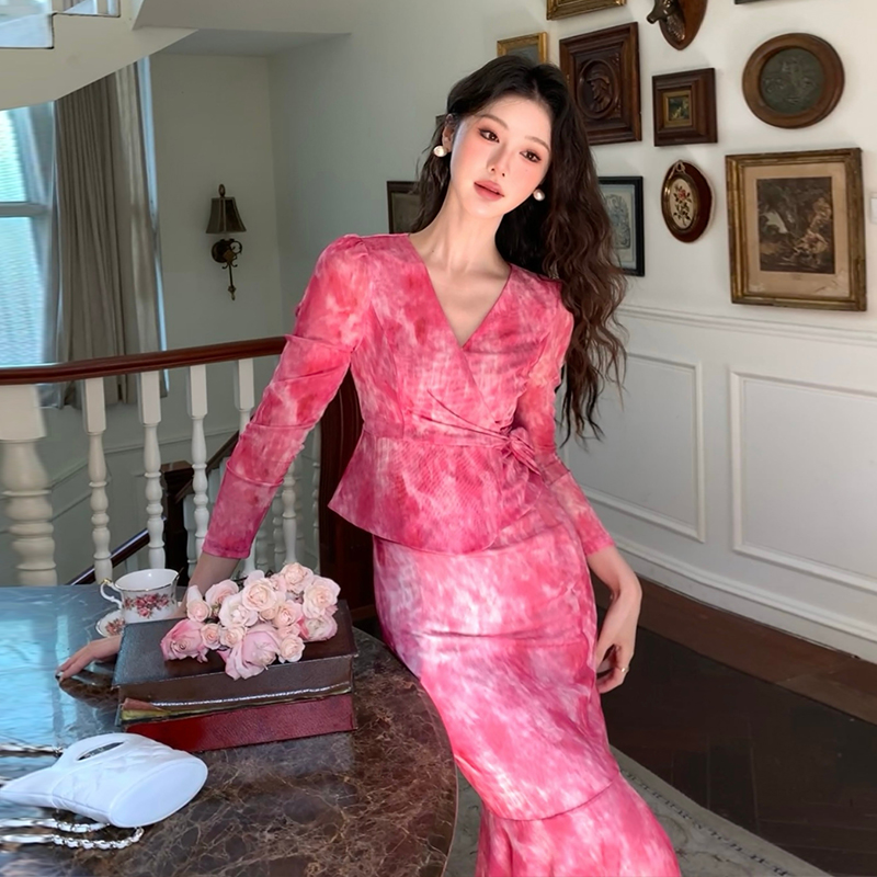 French V-Neck Floral Mesh Two-Piece Dress Set - Image 4