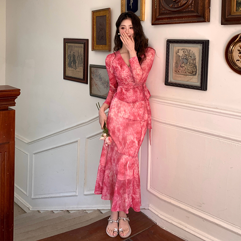 French V-Neck Floral Mesh Two-Piece Dress Set - Image 2