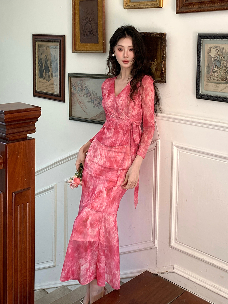 French V-Neck Floral Mesh Two-Piece Dress Set