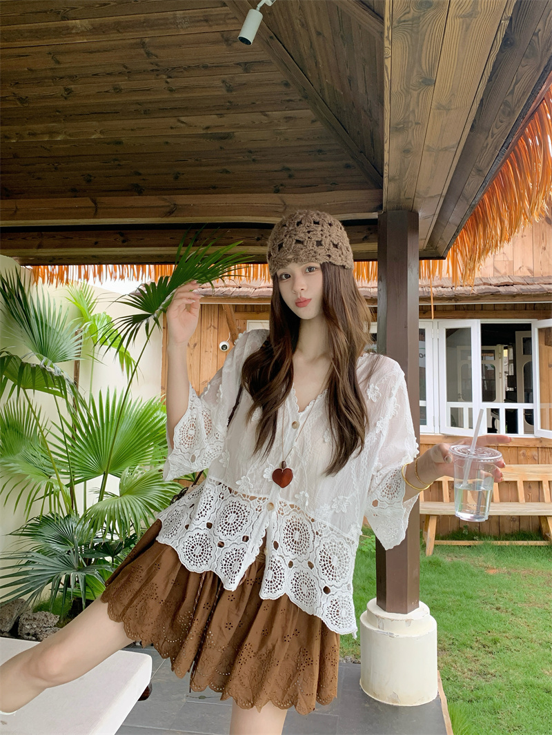 French Vintage Lace Hollow Out Loose Summer Beach Vacation Sun Protection Shirt