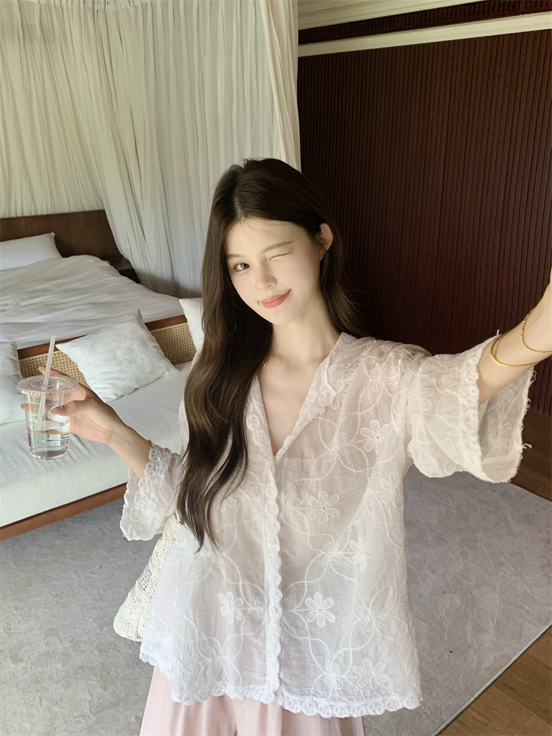 French Vintage White Hooded Shirt 2026 Summer Slim Sun Protection Top for Women