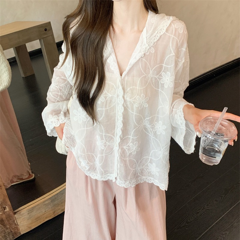French Vintage White Hooded Shirt 2026 Summer Slim Sun Protection Top for Women - Image 5