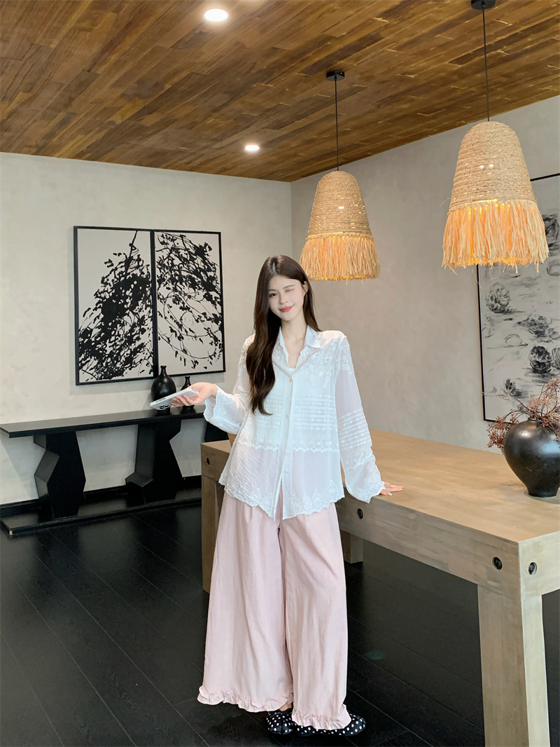 2026 Summer White Lace Hollow Out Sheer Sun Protection Shirt Women Lightweight Loose Long Sleeve - Image 2