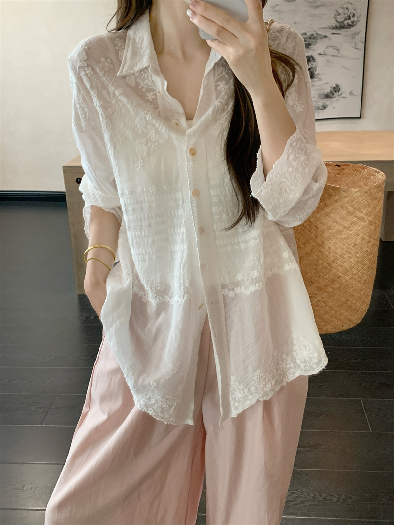 2026 Summer White Lace Hollow Out Sheer Sun Protection Shirt Women Lightweight Loose Long Sleeve - Image 3