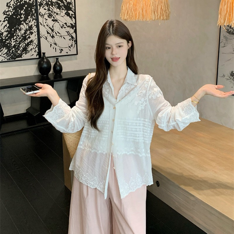 2026 Summer White Lace Hollow Out Sheer Sun Protection Shirt Women Lightweight Loose Long Sleeve - Image 5